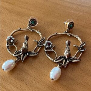 Gold-Tone Bird & Pearl Drop Earrings - Elegant Floral Design